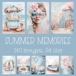 Páginas de diario basura de verano, paquete de papel digital imprimible de playa para álbumes de recortes, manualidades vintage, tarjetas, álbumes de efímeras e impresiones de arte mural retro.