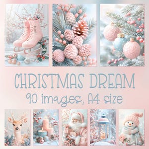 Könnte beinhalten: Eine Collage von neun Bildern in Pastelltönen, die Weihnachtsszenen darstellen. Die Bilder zeigen Eislaufschuhe, Christbaumkugeln, Tannenzapfen, Kerzen, den Weihnachtsmann und einen Schneemann. Der Text lautet "CHRISTMAS DREAM" und "90 Bilder, A4-Format."