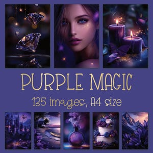 May include: A digital collection titled PURPLE MAGIC containing 135 images in A4 size. The display features purple-toned illustrations including floating diamonds, a portrait, candles with butterflies, a castle, a beach, a potion bottle, and a cake.