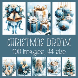 Peut inclure: Une collection d'images à l'aquarelle sur le thème de Noël. Les images comprennent des cloches de Noël, des cadeaux emballés, des ornements, des cerfs, des bougies, un ange, une tasse de chocolat chaud et un sapin de Noël. Le texte "CHRISTMAS DREAM" et "100 images, format A4" est également présent.