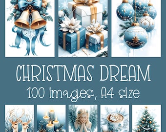 White Turquoise Christmas Digital Papers: Junk Journal & DIY Card Making Crafts (A4, 100 JPGs)