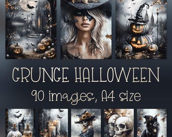 Grunge Halloween Digital Paper: Spooky Junk Journal Pages, Creepy Prints (90 A4 JPG Files)