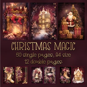 Pagine di diari natalizi Borgogna, carta digitale stampabile per biglietti di auguri, stampe, album, kit per scrapbooking vintage shabby chic