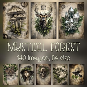 Pages de journal indésirable de la forêt mystique, Papier de scrapbooking, Travaux manuels d'Halloween, Bois hantés effrayants, Art fantastique magique, uvres d'art gothiques sombres vieillies