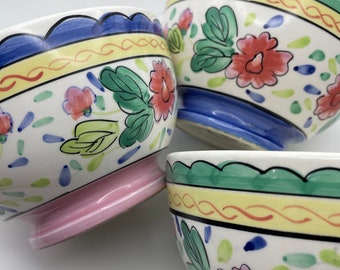 Certified International (CIC) Hand-Painted Flower Bowls - Set of 3 | Floral Ceramic Soup, Salad, Dessert Bowls