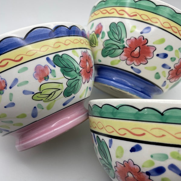 Certified International (CIC) Hand-Painted Flower Bowls - Set of 3 | Floral Ceramic Soup, Salad, Dessert Bowls