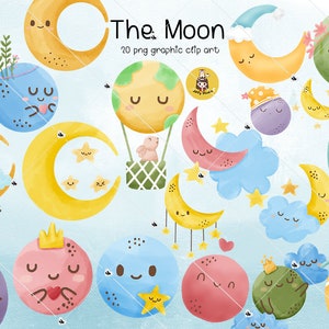 Digital Clip Art Set Watercolor hand drawn illustration of a cute moon, cloud, star.