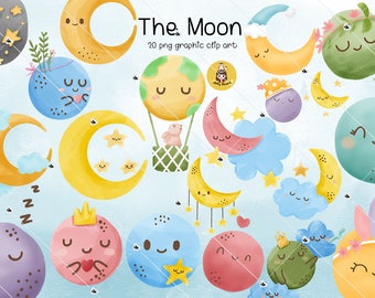 Digital Clip Art Set Watercolor hand drawn illustration of a cute moon, cloud, star.