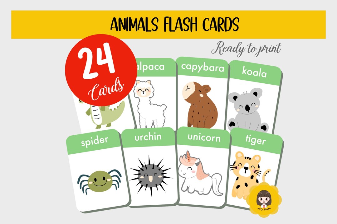 24 Animals Flashcards Collection for Kids.flash Cards Set With Cute ...