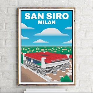 Könnte beinhalten: Ein Vintage-Poster mit blauem Himmel und weißen Wolken. Das Poster zeigt eine rote und weiße Illustration des San Siro Stadions in Mailand, Italien. Der Text "SAN SIRO MILAN" ist oben auf dem Poster in Weiß gedruckt.