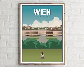 May include: A vintage travel poster with a blue sky and white clouds. The poster features a large building with a courtyard in front of it. The text "WIEN OSTERREICH" is at the top of the poster.