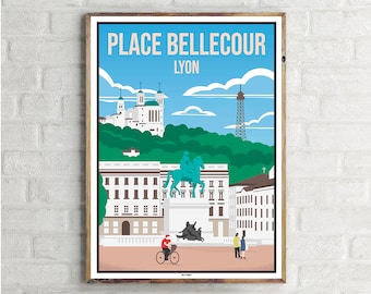 Place Bellecour Lyon (1) - Vintage Travel Poster