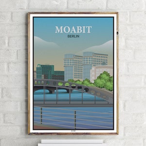Puede incluir: Una ilustración colorida de una ciudad con un puente sobre un río. El texto "MOABIT BERLIN" está en la parte superior de la imagen.