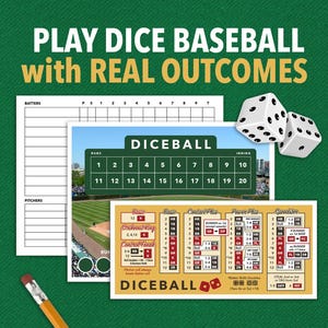 Puede incluir: Un tablero de juego imprimible para un juego de béisbol con dados. El tablero tiene un campo de béisbol verde con un marcador y una tabla de resultados de los lanzamientos de dados. La tabla incluye categorías como "Básico", "Contacto Plus", "Poder Plus" y "Velocidad".