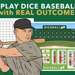 Peut inclure: Un jeu de société de baseball comprenant une carte de score, un tableau d'affichage vert avec le texte DICEBALL et une fiche de référence des règles. Une illustration d'un batteur portant une casquette et une batte en bois est au premier plan.