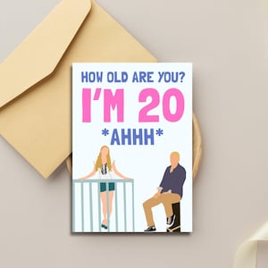 A birthday card with a blue and pink design featuring a cartoon couple. The card reads "How old are you? I'm 20 *ahhh*"

Mamma Mia 20th Birthday Card | Funny Birthday Card for Her | Friend Birthday Card