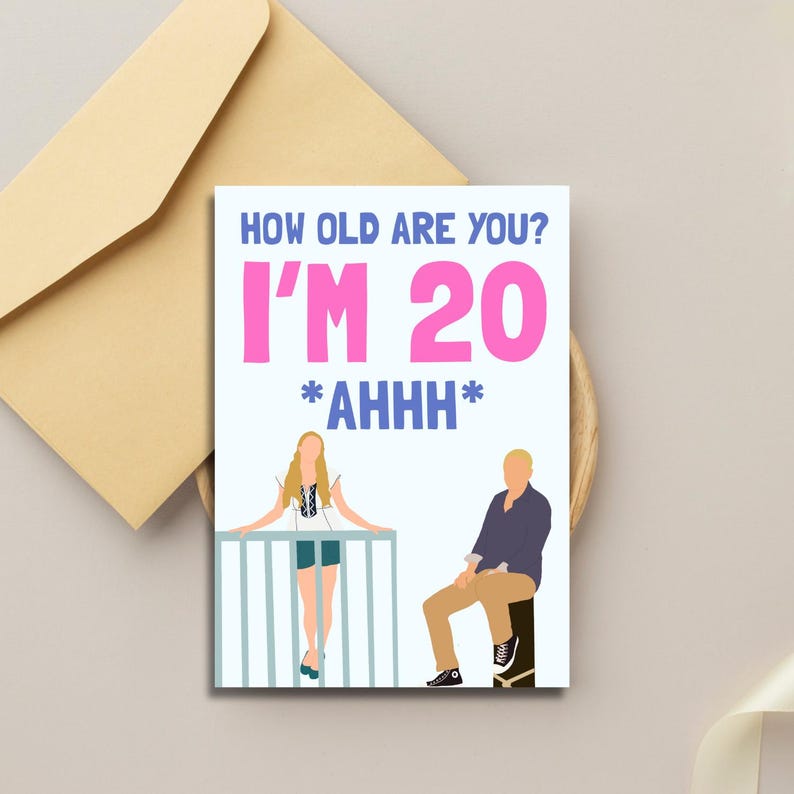 A birthday card with a blue and pink design featuring a cartoon couple. The card reads "How old are you? I'm 20 *ahhh*"

Mamma Mia 20th Birthday Card | Funny Birthday Card for Her | Friend Birthday Card
