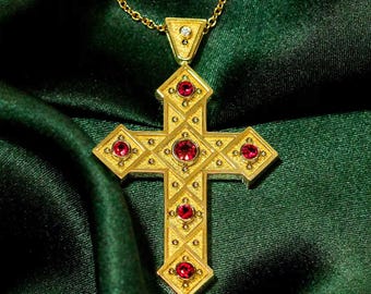 Byzantine Cross Pendant with Squares and Rubies – Handmade Solid Gold Necklace