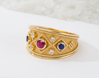 Anillo bizantino de oro con rubíes, zafiros y diamantes