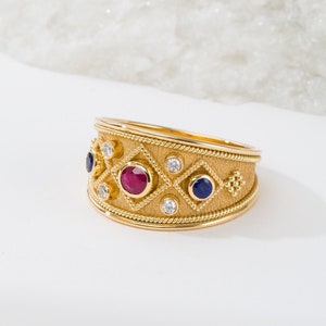 Byzantine Gold Ring with Ruby Sapphires and Diamonds
