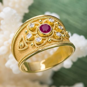Burma Ruby Byzantine Ring with Diamonds – Luxury Statement Ring for Her