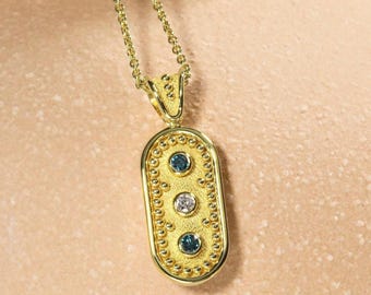 Handmade Gold Necklace with Blue and White Diamonds – Byzantine Granulation Pendant