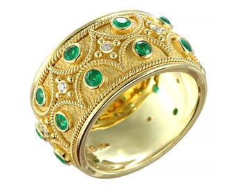 Byzantine Emerald & Diamond Gold Band – Granulated 14K 18K Gold Ring – Handmade Rope Detail Statement Ring