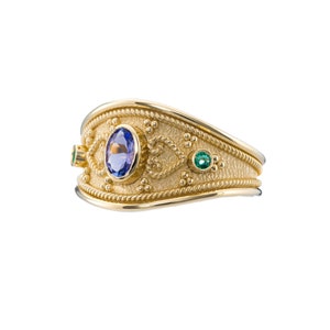 Tanzanite Emerald Byzantine Gold Ring