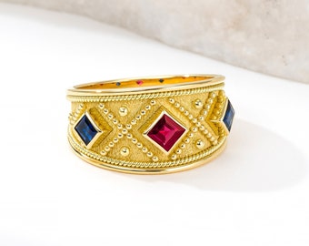 Byzantine Gold Ring with Ruby and Sapphires