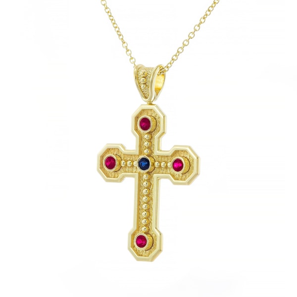 Pendentif croix byzantine avec rubis et saphirs