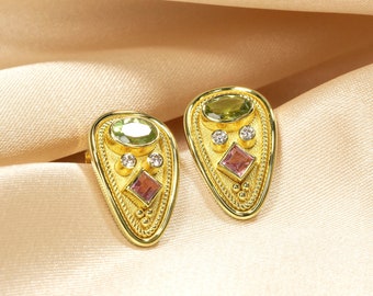 Byzantine Gold Earrings with Tourmalines and Diamonds