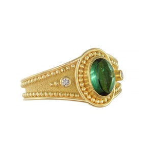 Greek Ancient Gold Ring with Cabochon Green Tourmaline and Diamonds