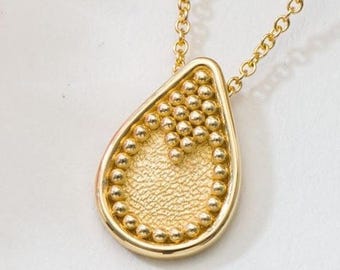 Teardrop Gold Granulation Pendant – Handmade Solid 14K 18K Gold Necklace – Byzantine Inspired