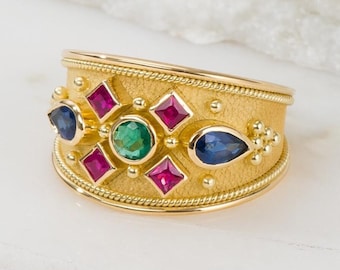 Gold Byzantine Ring with Emerald Rubies and Sapphires