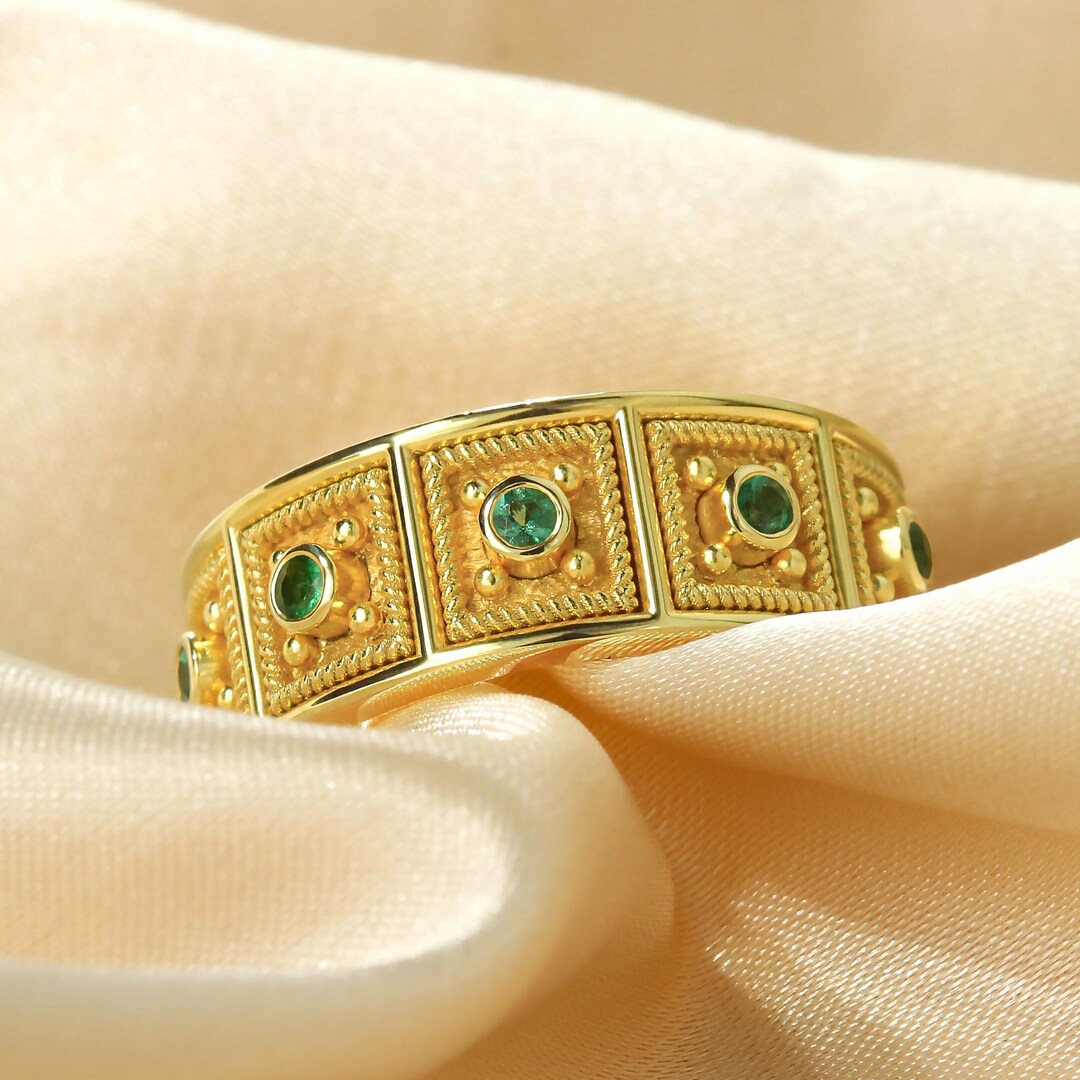 Handmade Byzantine Emerald Gold Ring – Byzantine Style Wide Band – 18K ...