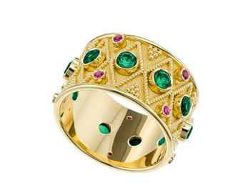 Pink Sapphire Byzantine Gold Ring with Emeralds