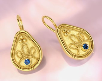 Boucles d'oreilles byzantines en or avec saphirs - Motif granulé fait main - Bijoux en or massif