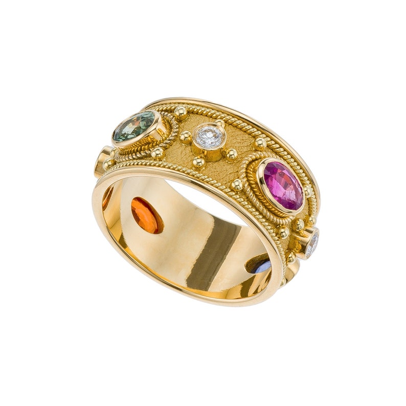 Byzantine Multi Color Sapphire Ring with Diamonds image 1