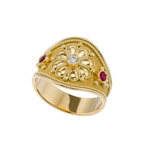 Gold Diamond Byzantine Daisy Ring with Rubies