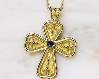 Byzantine Heart Cross with Sapphire – Rope Detail & Granulated Handmade Gold