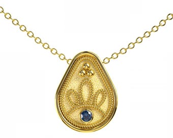 Byzantine Gold Eye Pendant with Sapphire – Twisted Gold Rope Pendant – Handmade Byzantine Textured Necklace