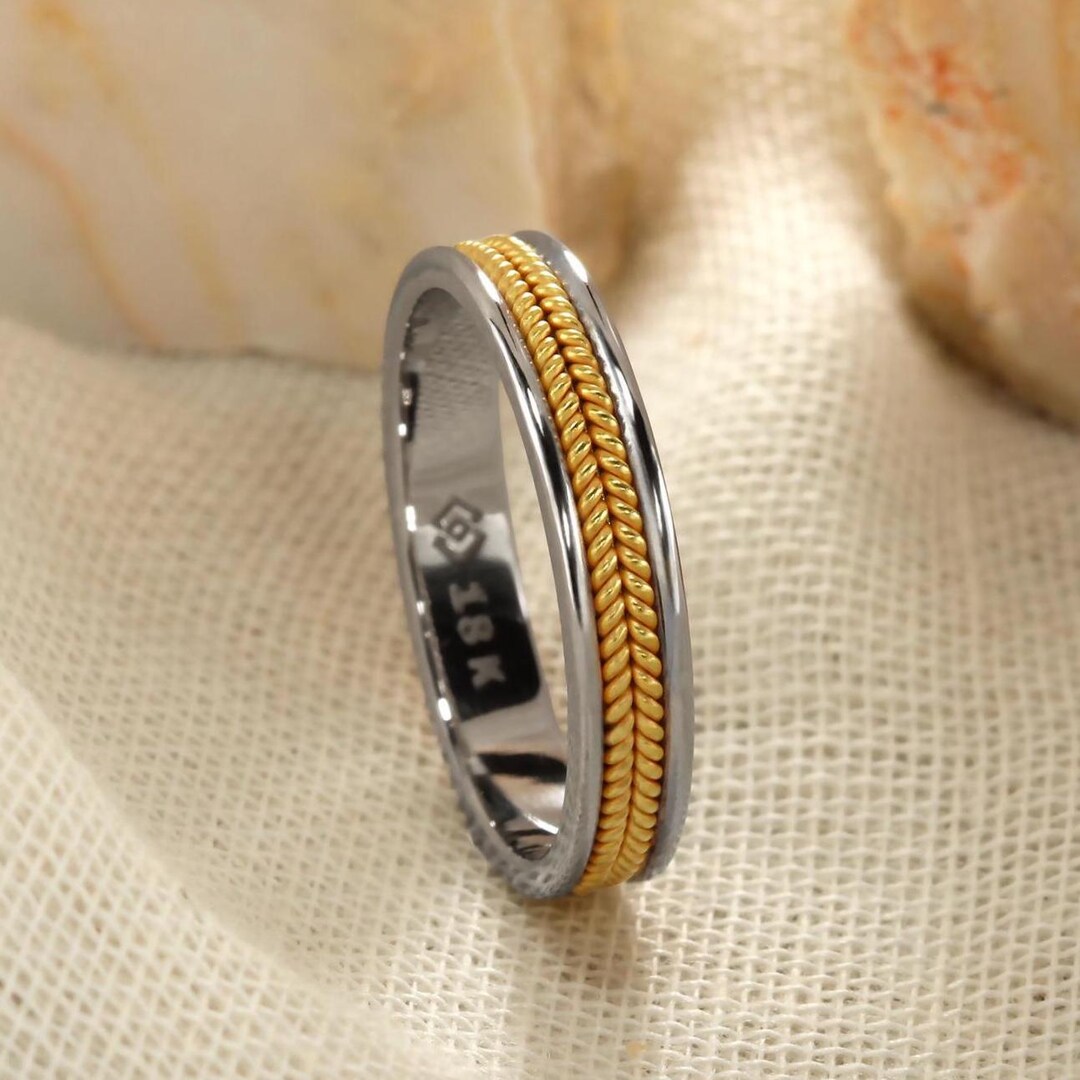 Thin Byzantine Yellow Gold and White Gold Rope Ring | Handmade Greek ...