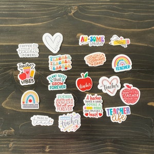 May include: A collection of 14 colorful teacher-themed stickers with various sayings and designs. The stickers feature phrases like "Teacher Vibes", "Teacher Life", "Made to Teach", "Plant Seeds that Grow Forever", "A Teacher Takes a Hand Opens a Mind and Touches a Heart", and "Teacher Like".