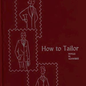 Pode incluir: Uma capa de livro castanho-avermelhado com o título "How to Tailor" e informações do autor. A capa apresenta três desenhos a traço branco de pessoas em fatos dentro de molduras costuradas decorativas. O tema do livro é alfaiataria.