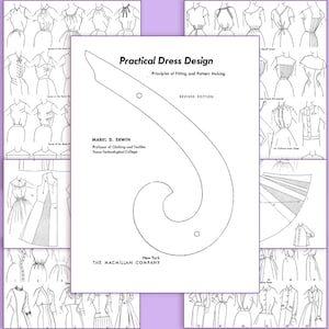 May include: A black and white illustration of a book titled "Practical Dress Design: Principles of Fitting and Pattern Making" by Mabel D. Erwin. The book cover features a curved ruler with a spiral design.