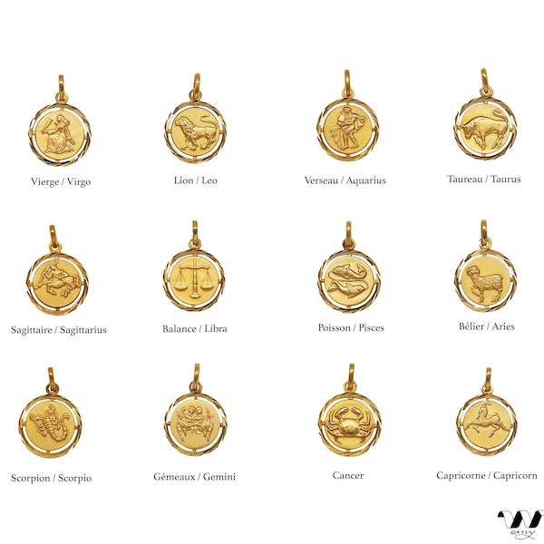 Collier pendentif signe astrologique zodiaque médaillon en plaqué or 18K cadeau d'anniversaire anti-allergique fabriqué en France