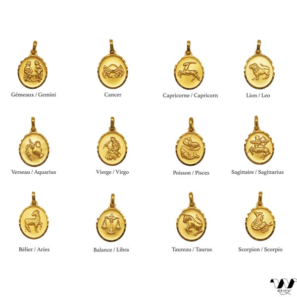 Anti-allergique vintage collier pendentif signe astrologique zodiaque médaillon en plaqué or 18K cadeau d'anniversaire fabriqué en France