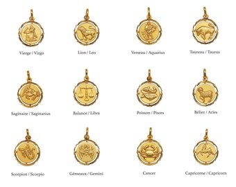 Vintage gouden medaille hanger ketting verguld met een laag van 18K goud met astrologisch teken, doopcadeau gemaakt in Frankrijk