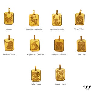 Vintage Rectangle zodiac astrological sign pendant necklace gold plated jewelry, communion birthday, made in France