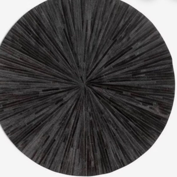 Tapis rond en cuir de vachette fait main avec sangle noire, cheveux sur tapis en cuir de vachette 100% naturel, décoration d'intérieur HY-R112
